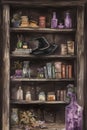 Bookcase with old spell books and witch hat. AI generated. Royalty Free Stock Photo