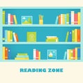 Bookcase Shelves with Books and Pictures. Reading Zone Sign. Vector EPS 10