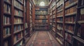 Bookcases in old library. AI generated.