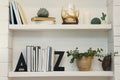 Bookends and other decor on shelves indoors. Interior design