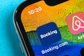 Booking.com application icon on Apple iPhone X screen close-up. Booking app icon. Booking.com. Social media app. Social network Royalty Free Stock Photo