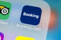 Booking.com application icon on Apple iPhone X screen close-up. Booking app icon. Booking.com. Social media app. Social network