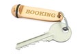 Booking concept, hotel key with keychain. 3D rendering