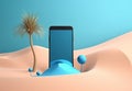 summer sea cyber sand creative mock up holiday concept palm phone. Generative AI.