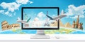 Booking holiday and ticket online concept with a computer display, planes and famous world sights