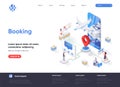 Booking isometric landing page. Travel application for ticket orders, hotel search, review and reservation isometry web