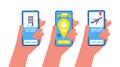 Booking online. Hands holding phones with different travel application vector illustration