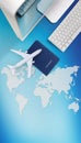 Booking and search flight ticket air international travel concept, computer,passport and airplane isolated on blue background with Royalty Free Stock Photo