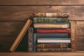 Bookish elegance Antique hardback books displayed on wooden table