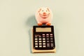 bookkeeping. financial report. business start up. family budget management. piggy bank with calculator. Moneybox. saving Royalty Free Stock Photo