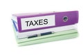 Bookkeeping office files in the folder with pen and blank sign. Taxes. Royalty Free Stock Photo