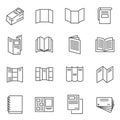 Booklet, blank, brochure thin line icons set isolated on white. Leaflet folded, layout, flyer. Royalty Free Stock Photo