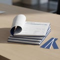 Booklets have a blue border and a few blue and white paper strips Royalty Free Stock Photo