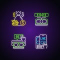 Bookmaking neon light icons set