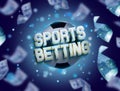 Bookmaking. Words Sports Betting, soccer ball and flying around dollars on blue background Royalty Free Stock Photo