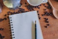 Booknote and pen on tabe with fresh coffee Royalty Free Stock Photo