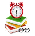 Books and alarm clock Vector realistic. Back to school poster. Sale promotion banner. School concept notes