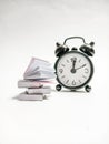 Books and Alarm Clock on White Background, Time Management and Study Deadline Concept Royalty Free Stock Photo