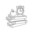 Books, apple, alarm clock style lines. School design. Vector illustration on white background Royalty Free Stock Photo