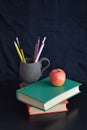 Books and an Apple on a black background. Royalty Free Stock Photo