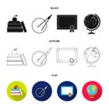 Books, an apple, a compass with a circle, a diploma with a seal, a globe. School set collection icons in black,flat Royalty Free Stock Photo