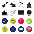 Books, an apple, a compass with a circle, a diploma with a seal, a globe. School set collection icons in black,flet