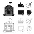 Books, an apple, a compass with a circle, a diploma with a seal, a globe. School set collection icons in black,outline Royalty Free Stock Photo