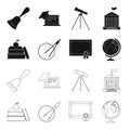 Books, an apple, a compass with a circle, a diploma with a seal, a globe. School set collection icons in black,outline Royalty Free Stock Photo