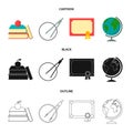 Books, an apple, a compass with a circle, a diploma with a seal, a globe. School set collection icons in cartoon,black