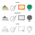 Books, an apple, a compass with a circle, a diploma with a seal, a globe. School set collection icons in cartoon,outline Royalty Free Stock Photo