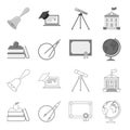 Books, an apple, a compass with a circle, a diploma with a seal, a globe. School set collection icons in outline Royalty Free Stock Photo