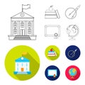 Books, an apple, a compass with a circle, a diploma with a seal, a globe. School set collection icons in outline,flat Royalty Free Stock Photo