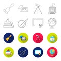 Books, an apple, a compass with a circle, a diploma with a seal, a globe. School set collection icons in outline,flat Royalty Free Stock Photo