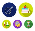 Books, an apple, a man`s head with a brain, test tubes with a reagent, a compass with a circle. School set collection