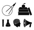 Books, an apple, a man`s head with a brain, test tubes with a reagent, a compass with a circle. School set collection