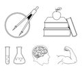 Books, an apple, a man`s head with a brain, test tubes with a reagent, a compass with a circle. School set collection