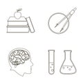 Books, an apple, a man s head with a brain, test tubes with a reagent, a compass with a circle. School set collection