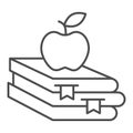 Books and apple thin line icon, Education concept, School book and apple sign on white background, stack of books with