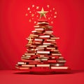 Books arranged in the shape of a Christmas tree with a golden star on top against red background Royalty Free Stock Photo