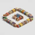 Books arranged in a square pattern on a white surface. Two concentric squares are Royalty Free Stock Photo