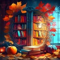 Books and autumn leaves in the library. Halloween background. Vector illustration Generative AI Royalty Free Stock Photo