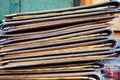 Books background on red table, close up