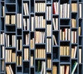 Books on blue wooden bookshelf