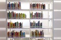 Books on bookshelf in library room, abstract blur de focused background. Royalty Free Stock Photo