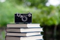 Books and Cameras Put on the floor. White leather Book and study Royalty Free Stock Photo