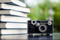 Books and Cameras Put on the floor. White leather Book and study Royalty Free Stock Photo