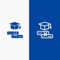 Books, Cap, Education, Graduation Line and Glyph Solid icon Blue banner Line and Glyph Solid icon Blue banner Royalty Free Stock Photo