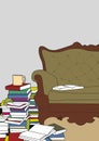 Books piled up by a sofa