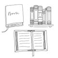 Books collection in linear hand drawn style. Bookshelf illustration