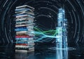 Books connected to a futuristic skyscraper made of light and Royalty Free Stock Photo